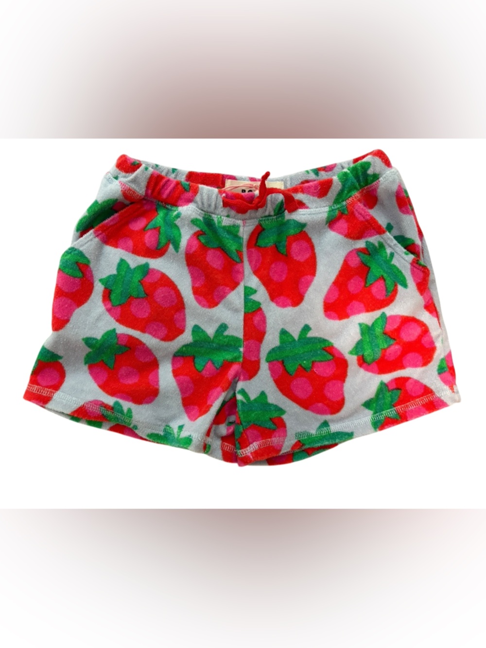 Mini Boden Terry Cloth Pink Blur Girls 6/7 Green Strawberry Print Shorts